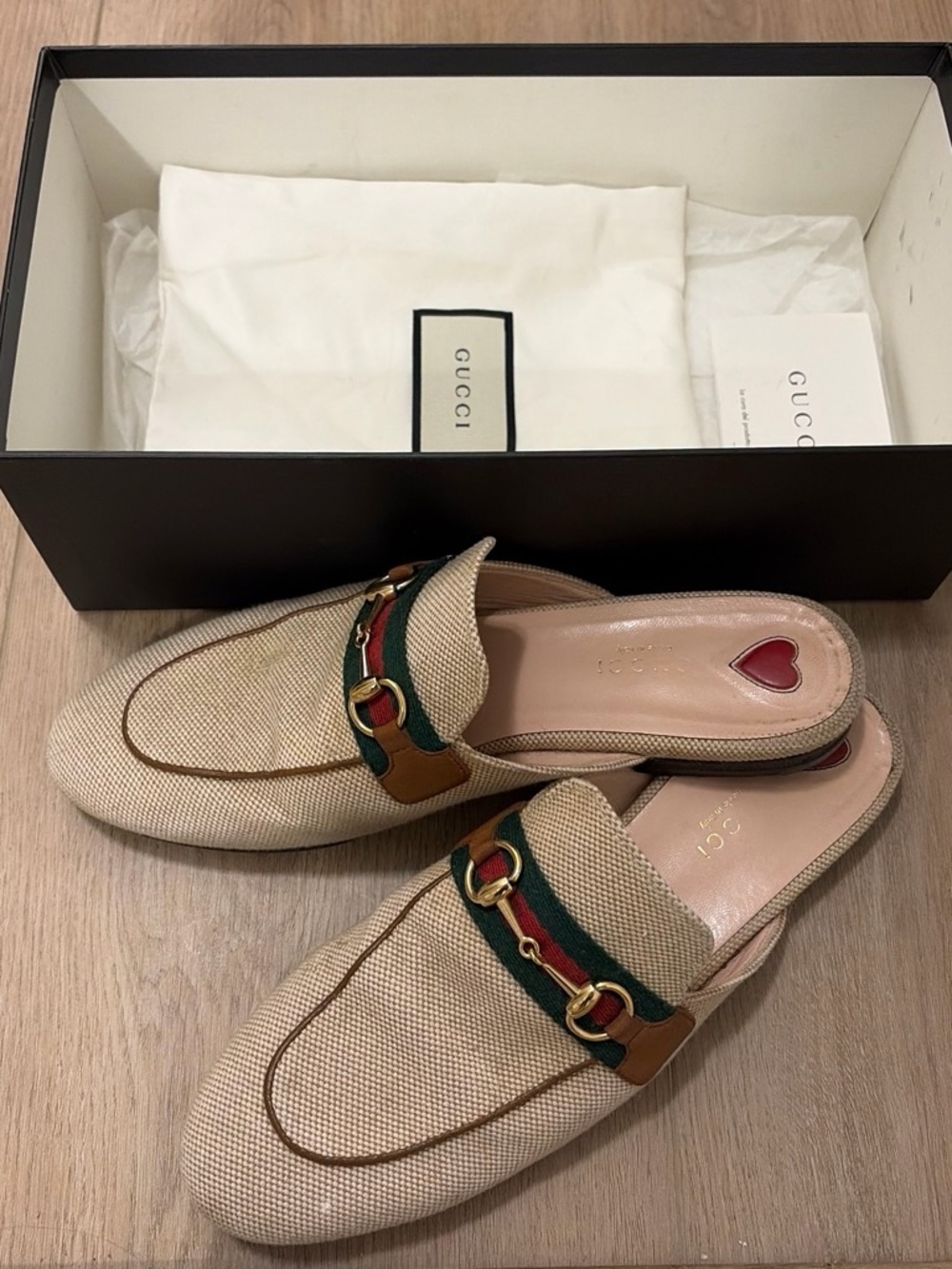 Gucci Beige Canvas Horsebit Mules with Green-Red Web